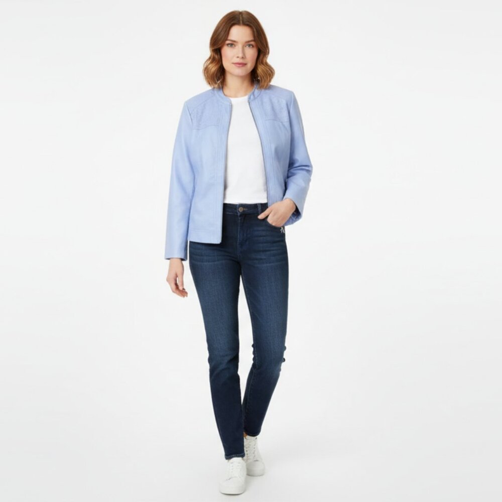 *TanJay Powder Blue Faux Leather Lightweight Textured Jacket.